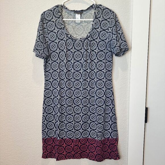 Tommy Bahama Blue White Red Floral Pattern Scoop Neck T-Shirt Dress - Size S EUC - Picture 1 of 5
